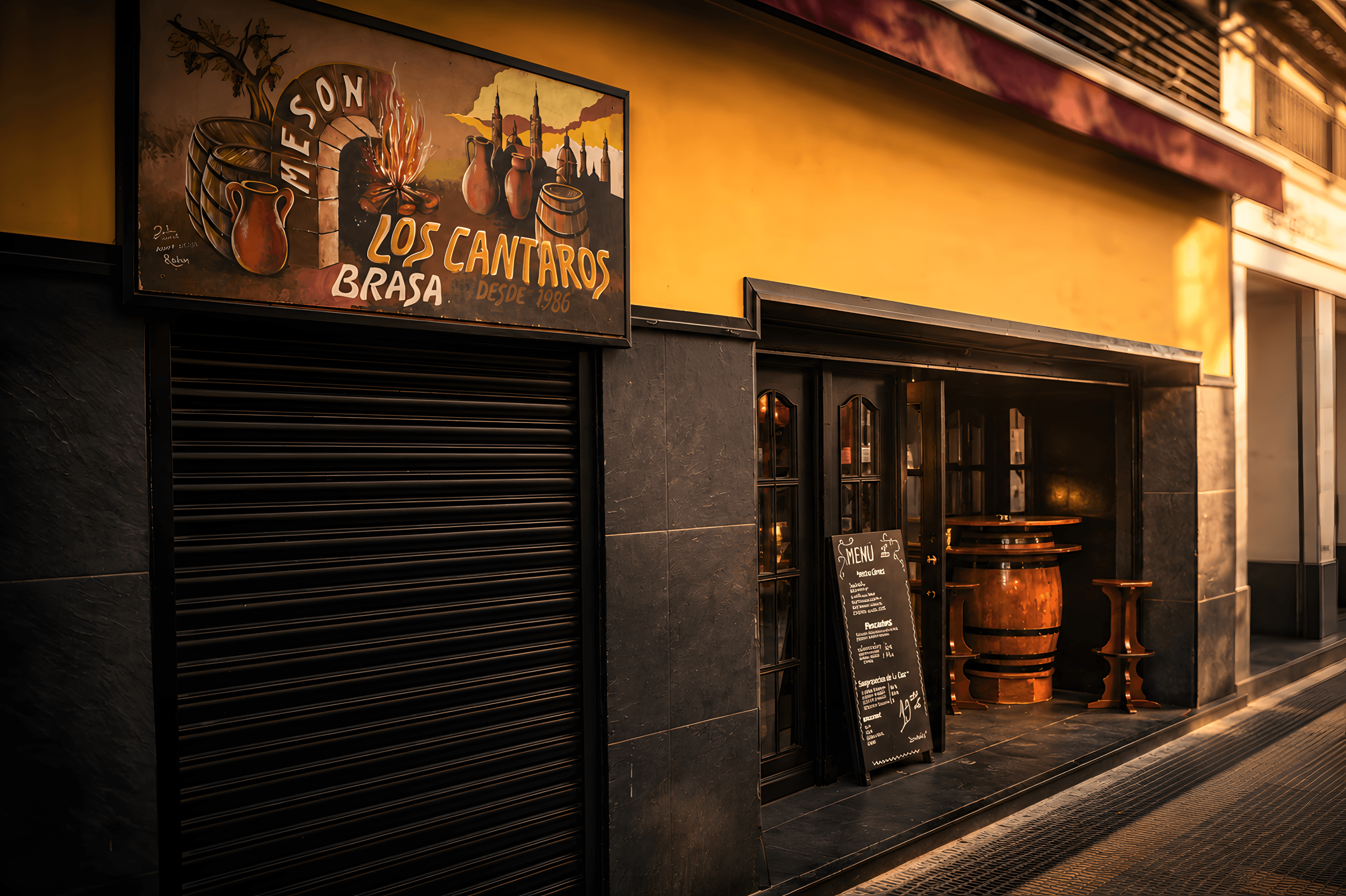 Fachada de Brasa Los Cántaros en Zaragoza, con el cartel pintado «Mesón Los Cántaros, brasa desde 1986»